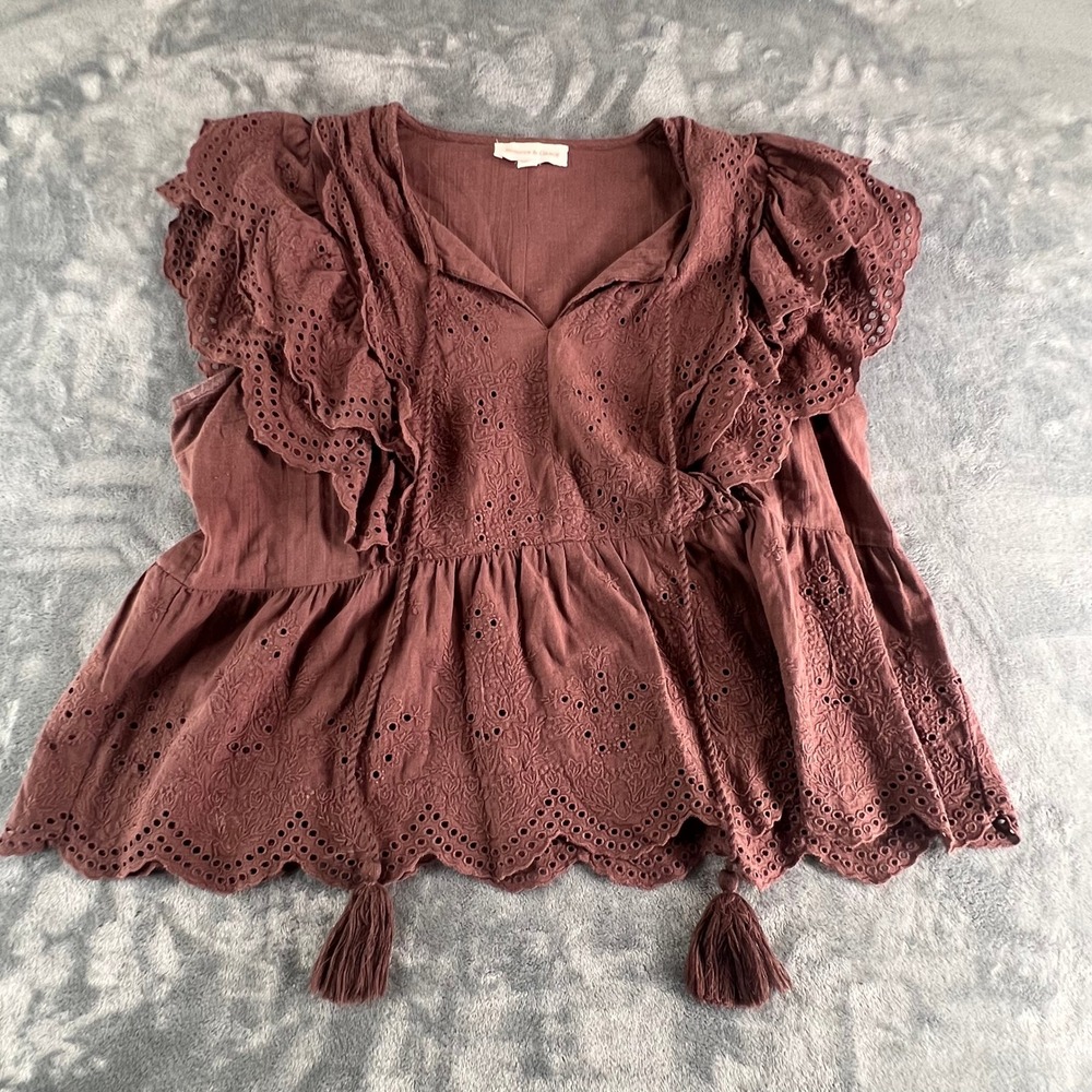 Jennifer & Grace Brown Eyelet Peplum Top Flutter Sleeve Tassel XL
